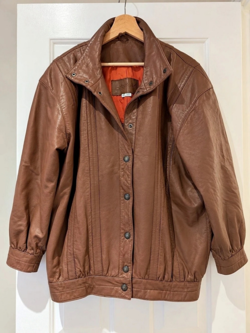 Vintage BAGATELLE Funnel Collar Leather Oversized Bomber Jacket Cognac Brown S/M